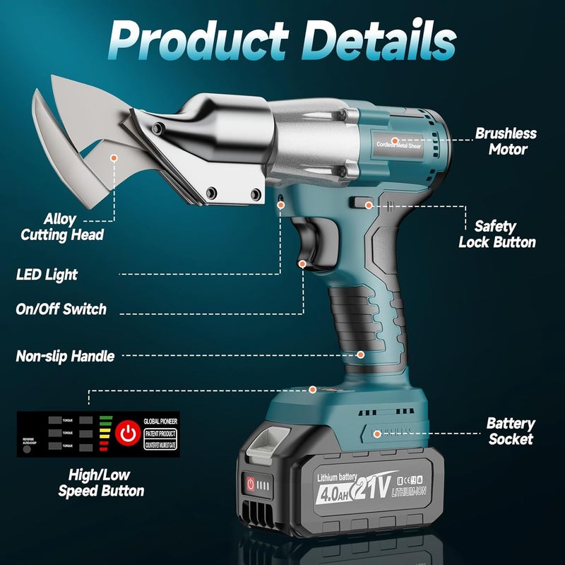 CAMXTOOL Cordless Sheet Metal Cutter, Metal Shear with 2×4.0Ah Battery, Brushless Electric Metal Cutting Scissors Tool, 360° Rotating Head, Variable Speed, Toolbox, for Cutting Stainless Steel & Iron Sheet - Image 2